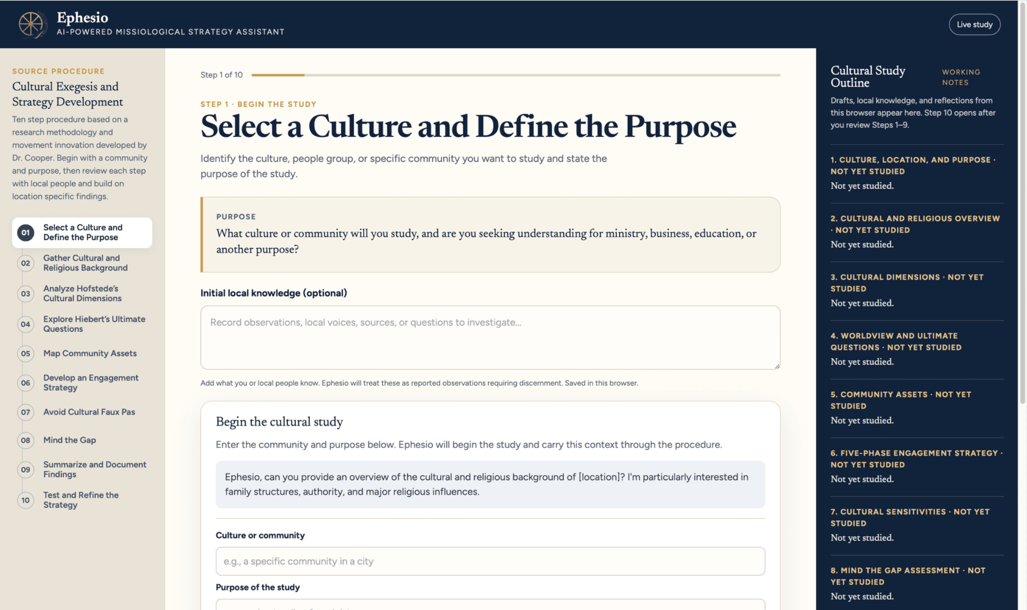 Ephesio step one: the opening screen of a cultural study